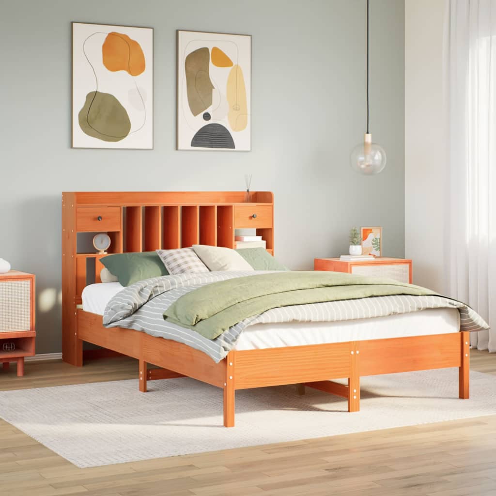 Seng med bokhylle uten madrass voksbrun 160x200 cm heltre furu