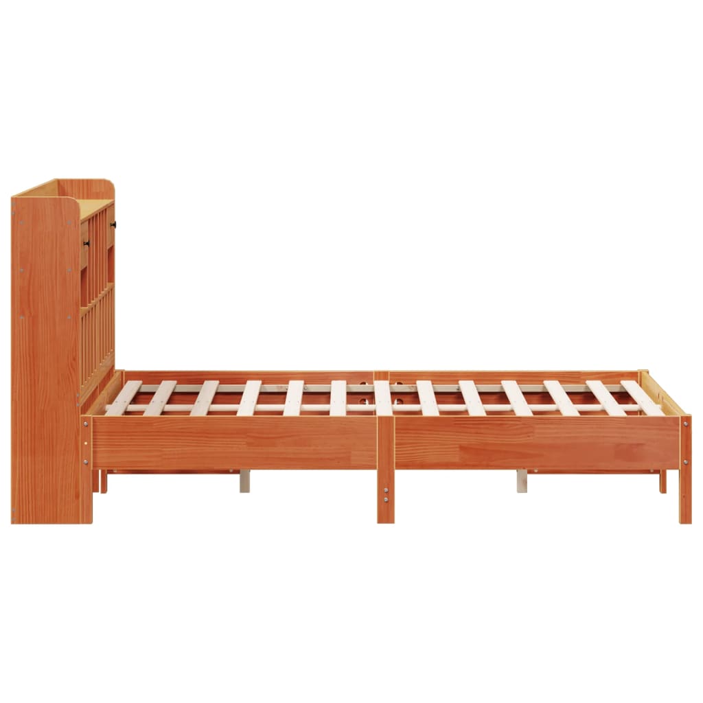 Seng med bokhylle uten madrass voksbrun 140x200 cm heltre furu