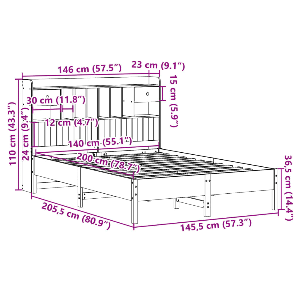 Seng med bokhylle uten madrass voksbrun 140x200 cm heltre furu