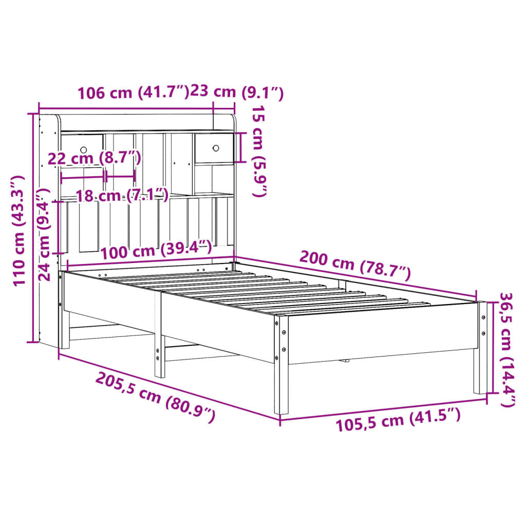 Seng med bokhylle uten madrass voksbrun 100x200 cm heltre furu