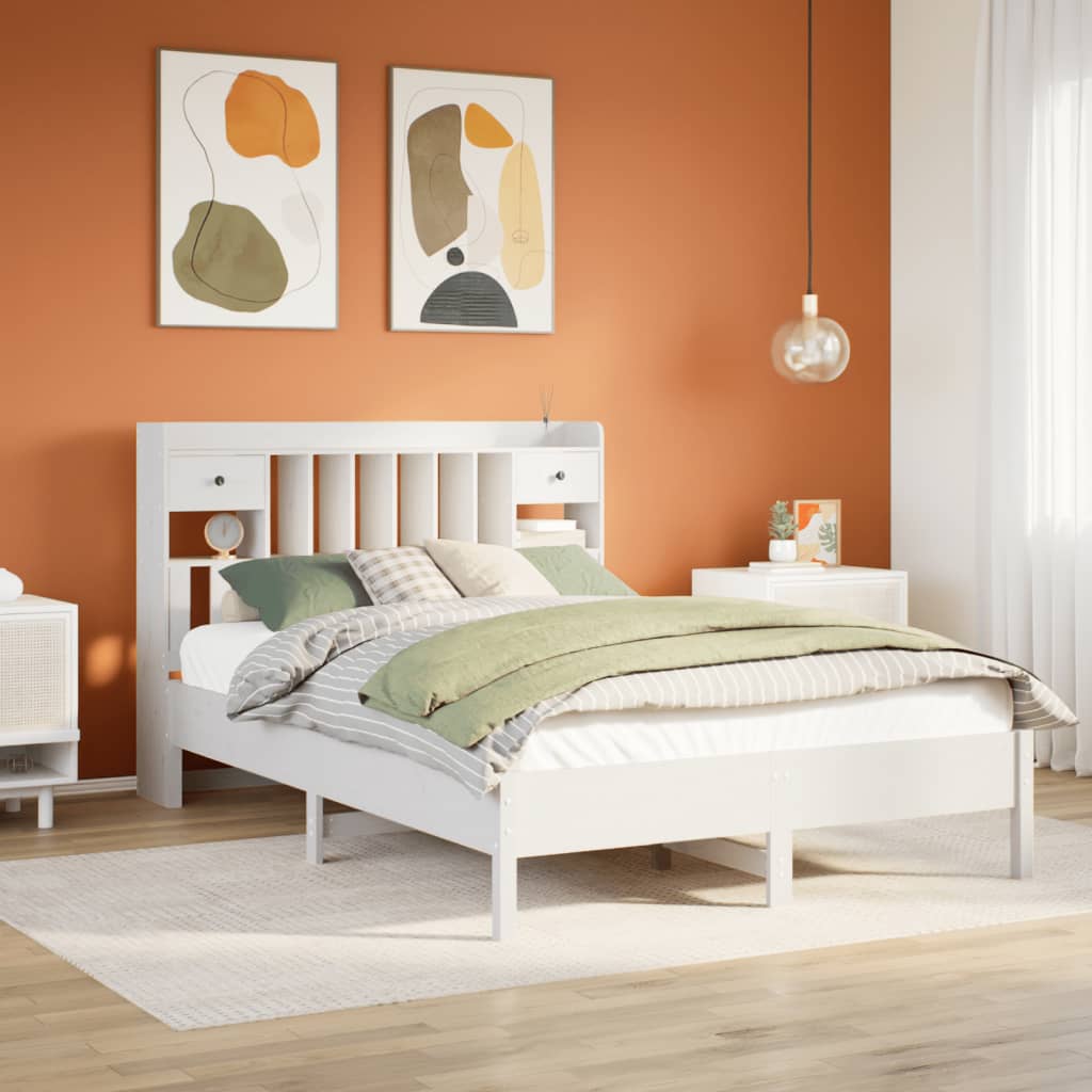 Seng med bokhylle uten madrass hvit 140x190 cm heltre furu