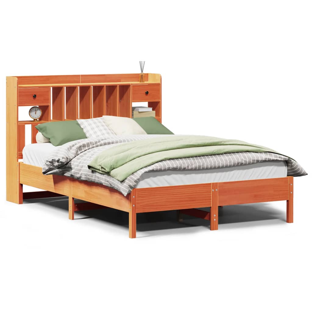 Seng med bokhylle uten madrass voksbrun 135x190 cm heltre furu