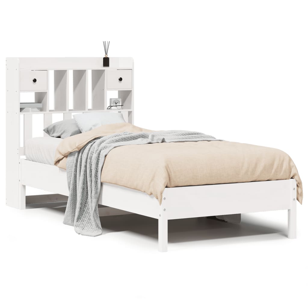 Seng med bokhylle uten madrass hvit 90x190 cm heltre furu