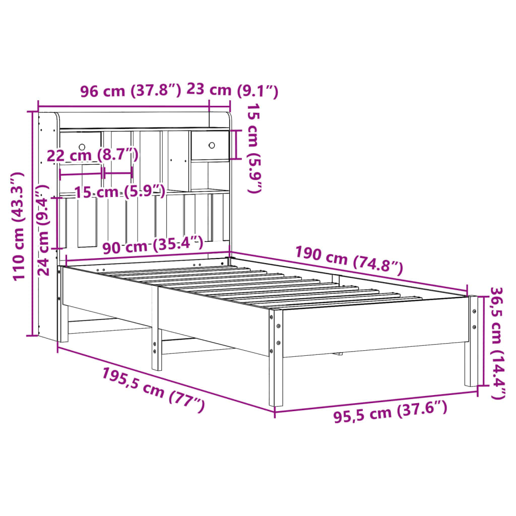 Seng med bokhylle uten madrass hvit 90x190 cm heltre furu