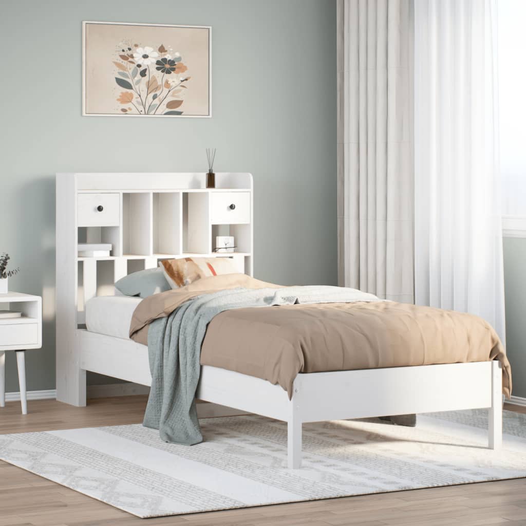 Seng med bokhylle uten madrass hvit 75x190 cm heltre furu