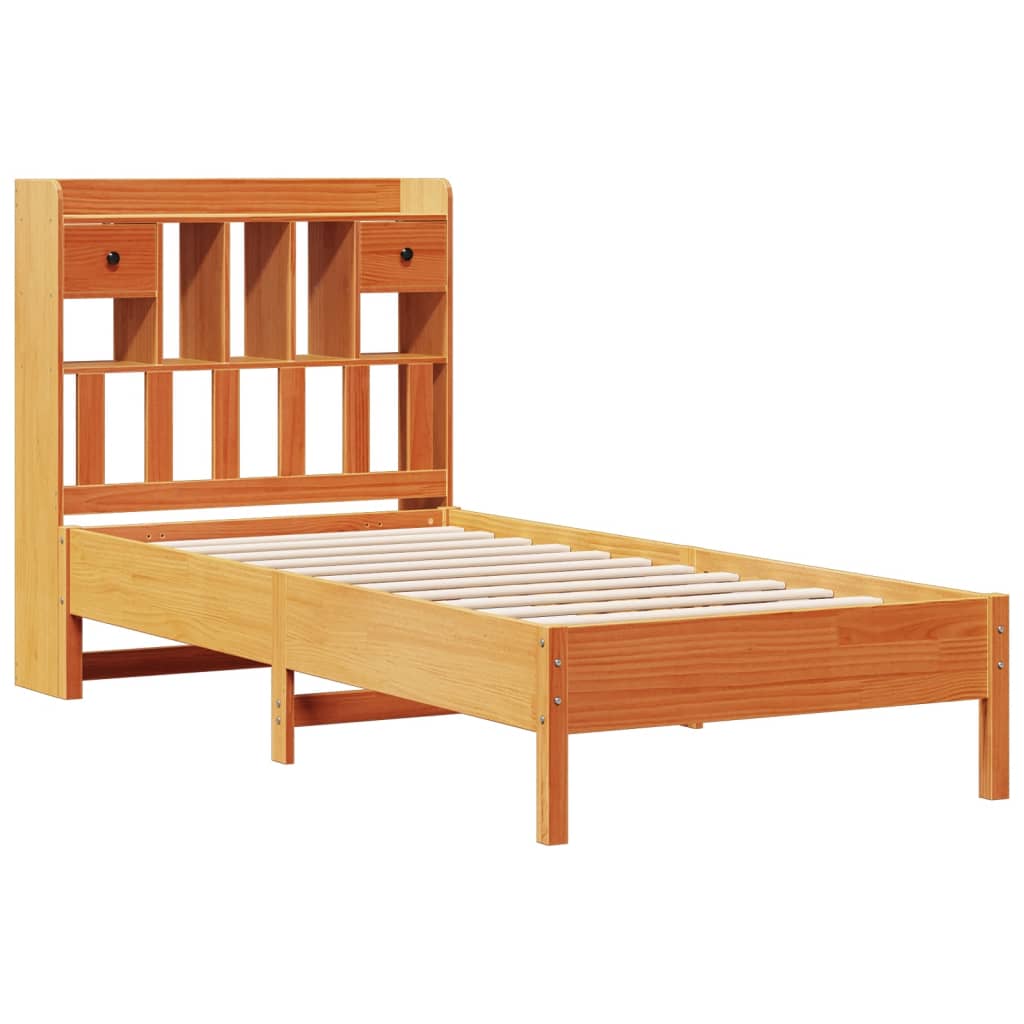 Seng med bokhylle uten madrass voksbrun 75x190 cm heltre furu