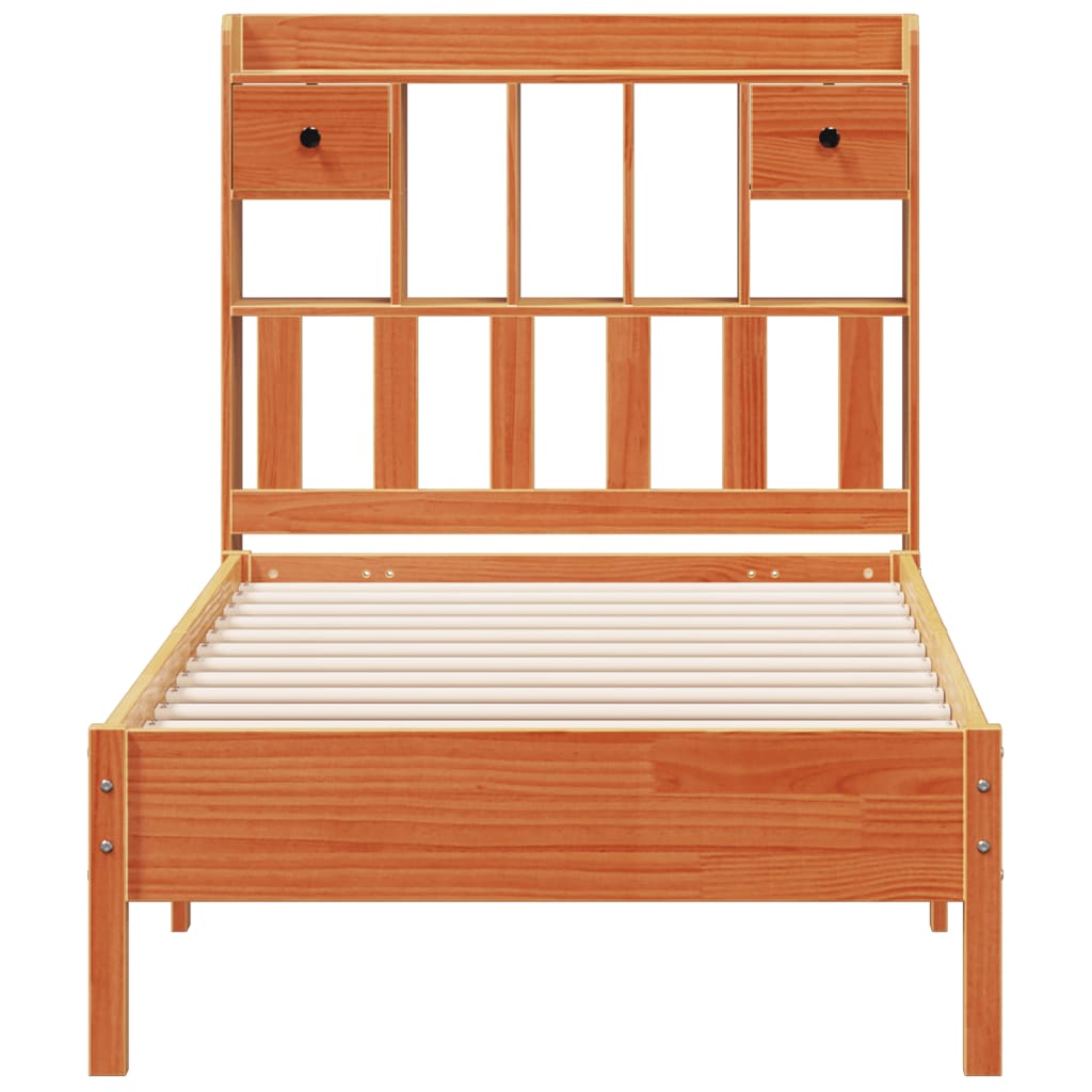Seng med bokhylle uten madrass voksbrun 75x190 cm heltre furu