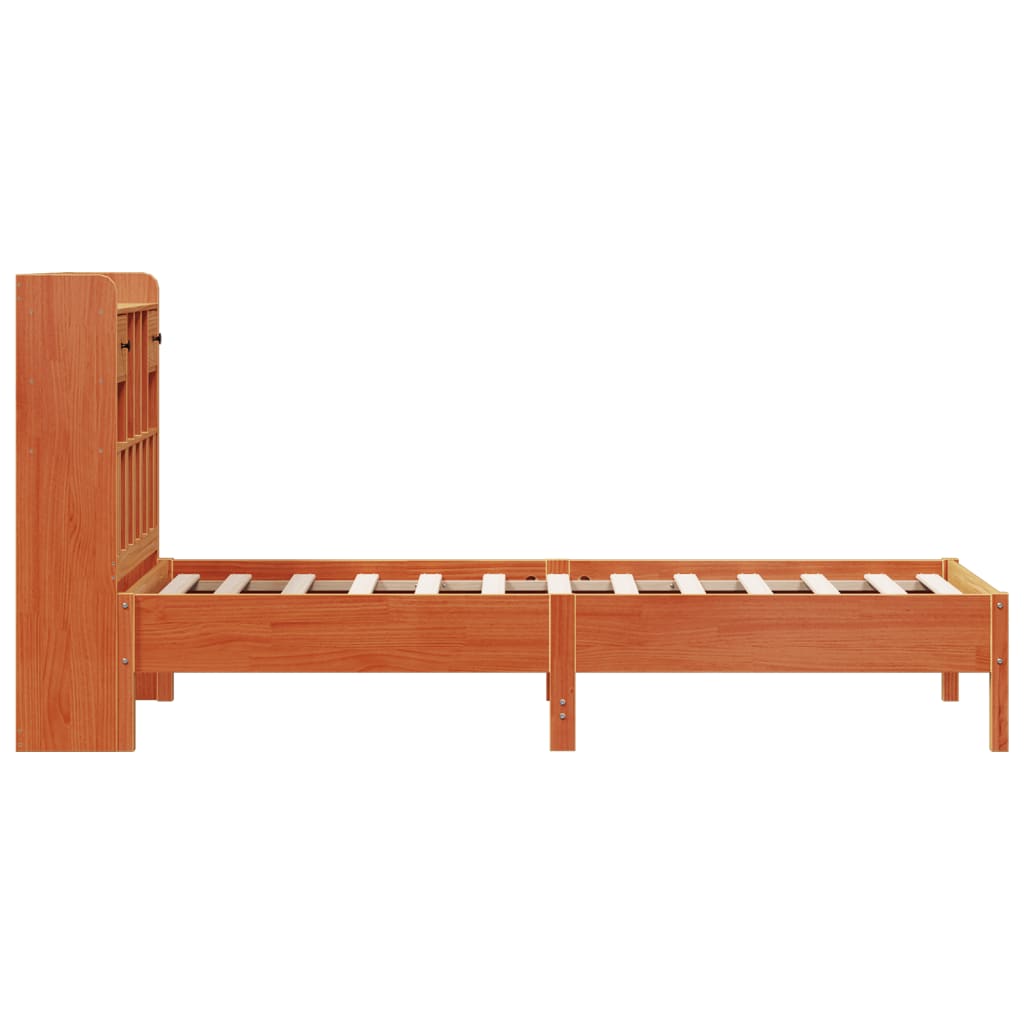 Seng med bokhylle uten madrass voksbrun 75x190 cm heltre furu