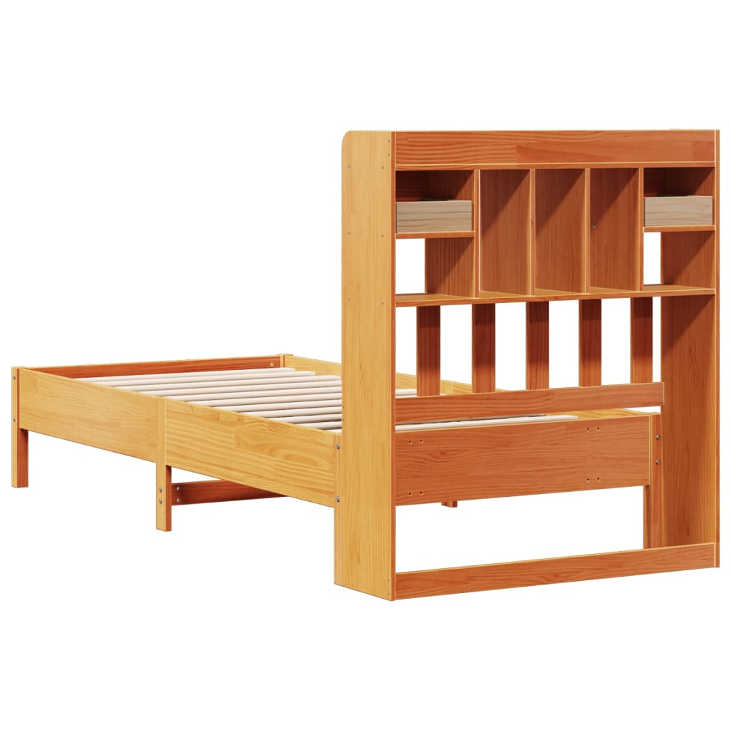 Seng med bokhylle uten madrass voksbrun 75x190 cm heltre furu