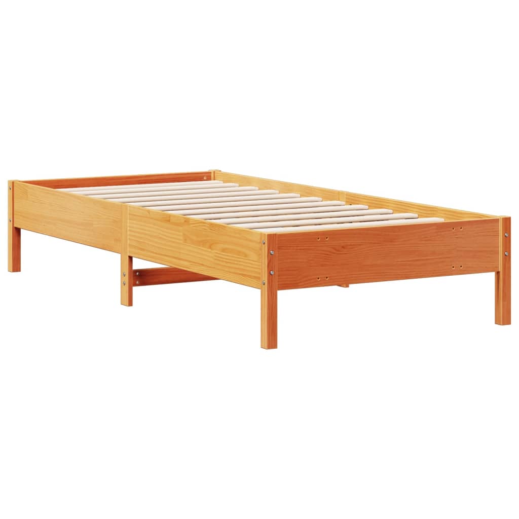 Seng med bokhylle uten madrass voksbrun 75x190 cm heltre furu