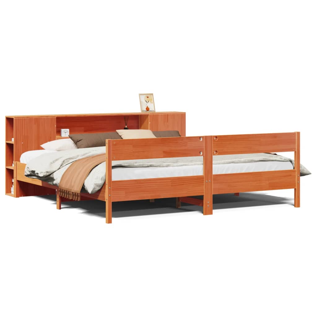 Seng med bokhylle uten madrass voksbrun 200x200 cm heltre furu