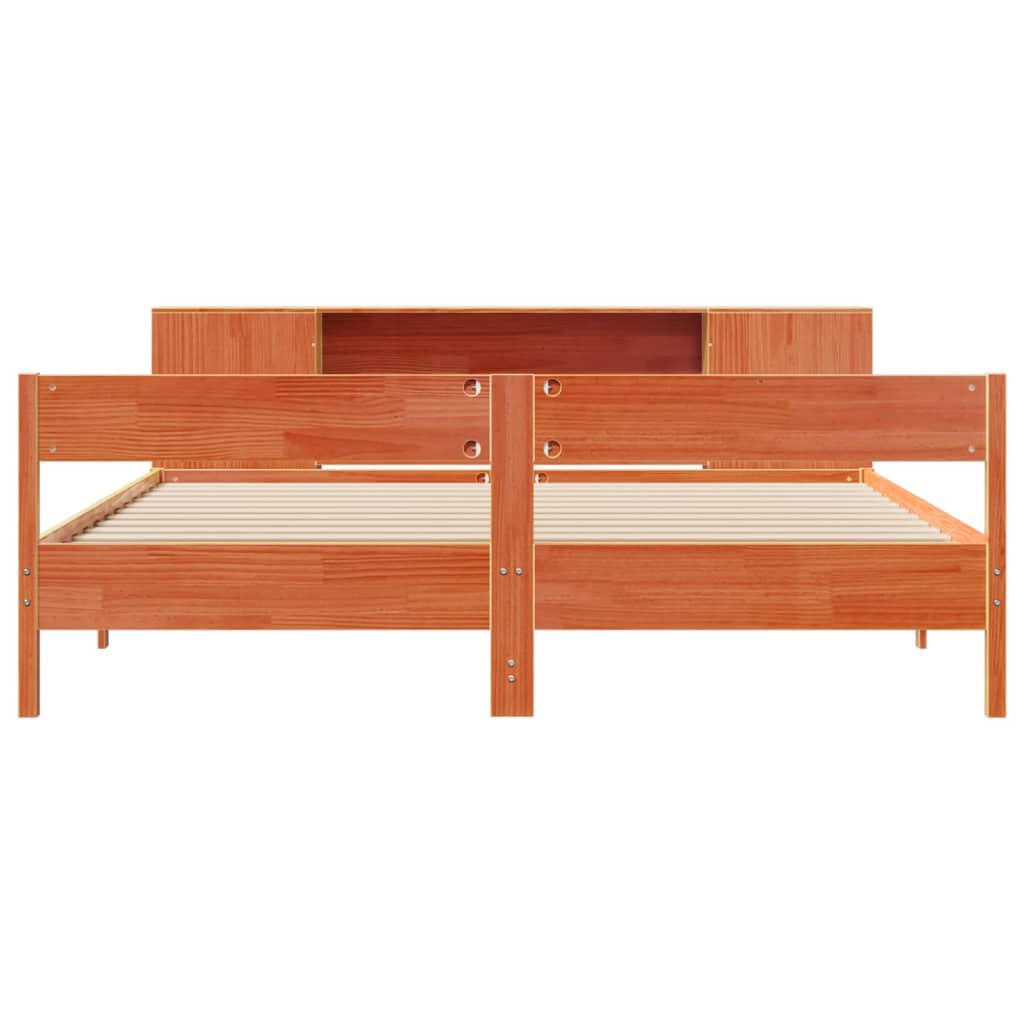 Seng med bokhylle uten madrass voksbrun 200x200 cm heltre furu