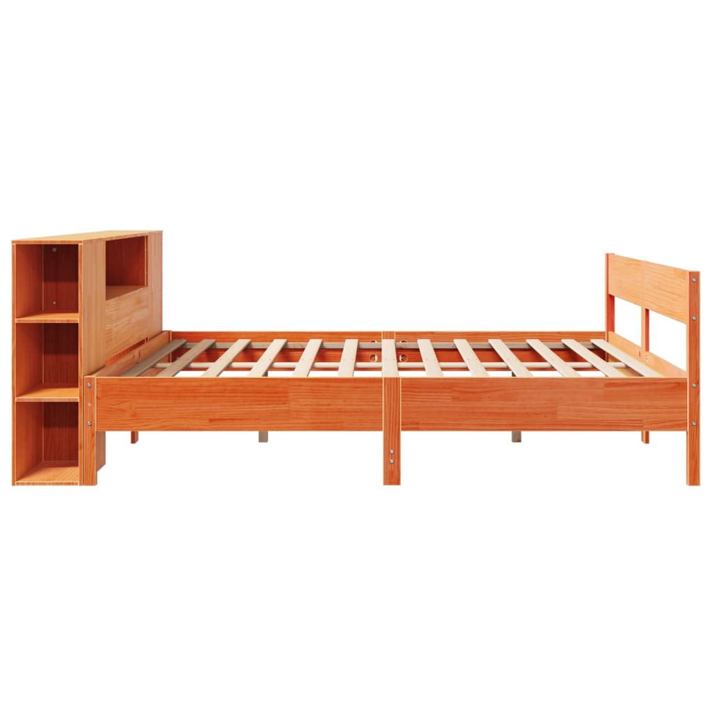 Seng med bokhylle uten madrass voksbrun 200x200 cm heltre furu