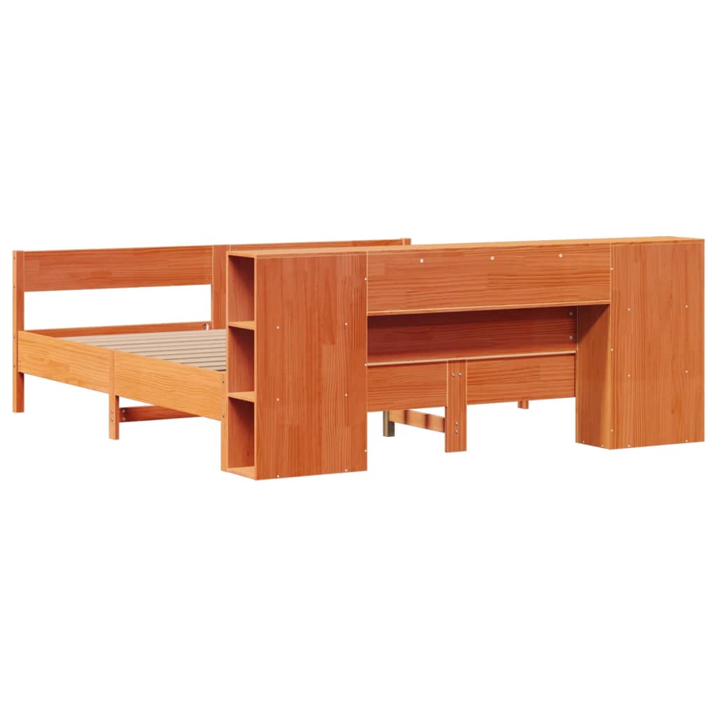 Seng med bokhylle uten madrass voksbrun 200x200 cm heltre furu