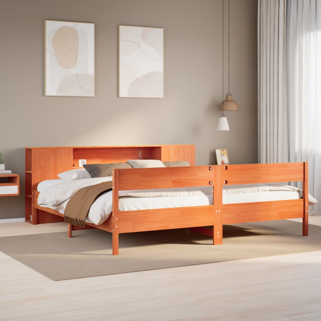 Seng med bokhylle uten madrass voksbrun 200x200 cm heltre furu