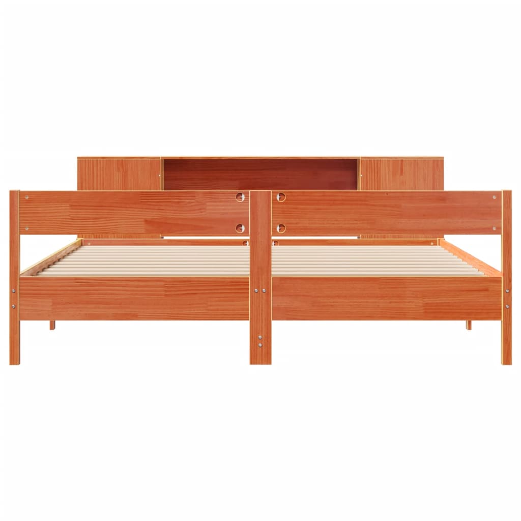 Seng med bokhylle uten madrass voksbrun 180x200 cm heltre furu