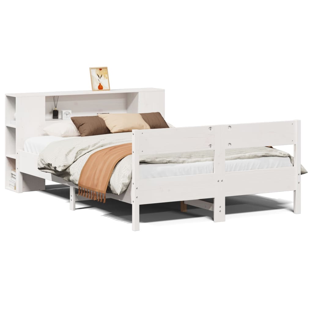 Seng med bokhylle uten madrass hvit 150x200 cm heltre furu