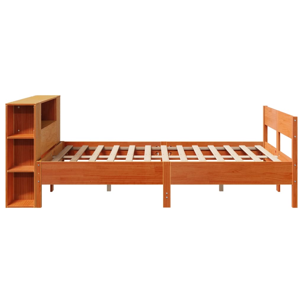 Seng med bokhylle uten madrass voksbrun 150x200 cm heltre furu