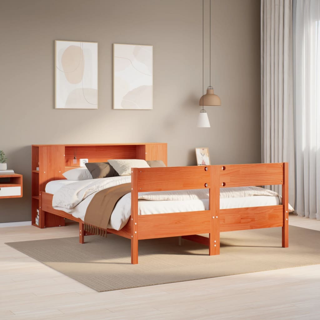 Seng med bokhylle uten madrass voksbrun 150x200 cm heltre furu