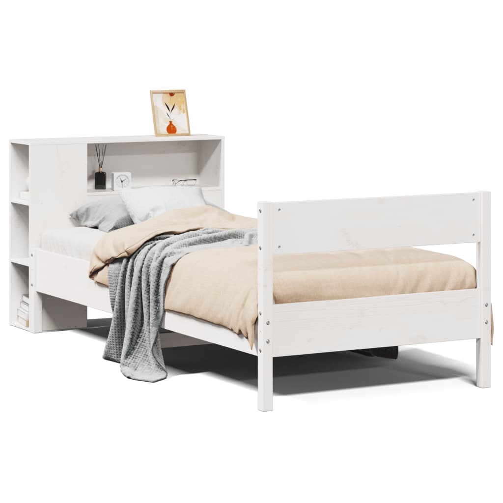 Seng med bokhylle uten madrass hvit 75x190 cm heltre furu
