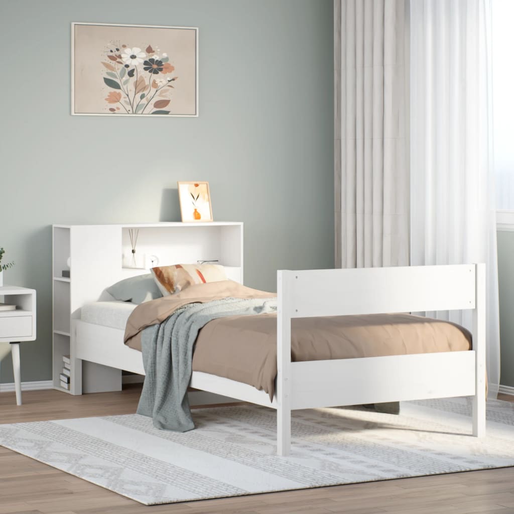 Seng med bokhylle uten madrass hvit 75x190 cm heltre furu