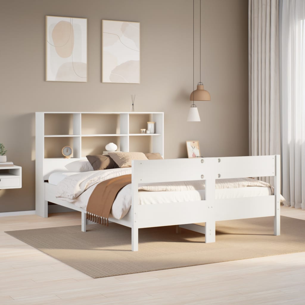 Seng med bokhylle uten madrass hvit 160x200 cm heltre furu