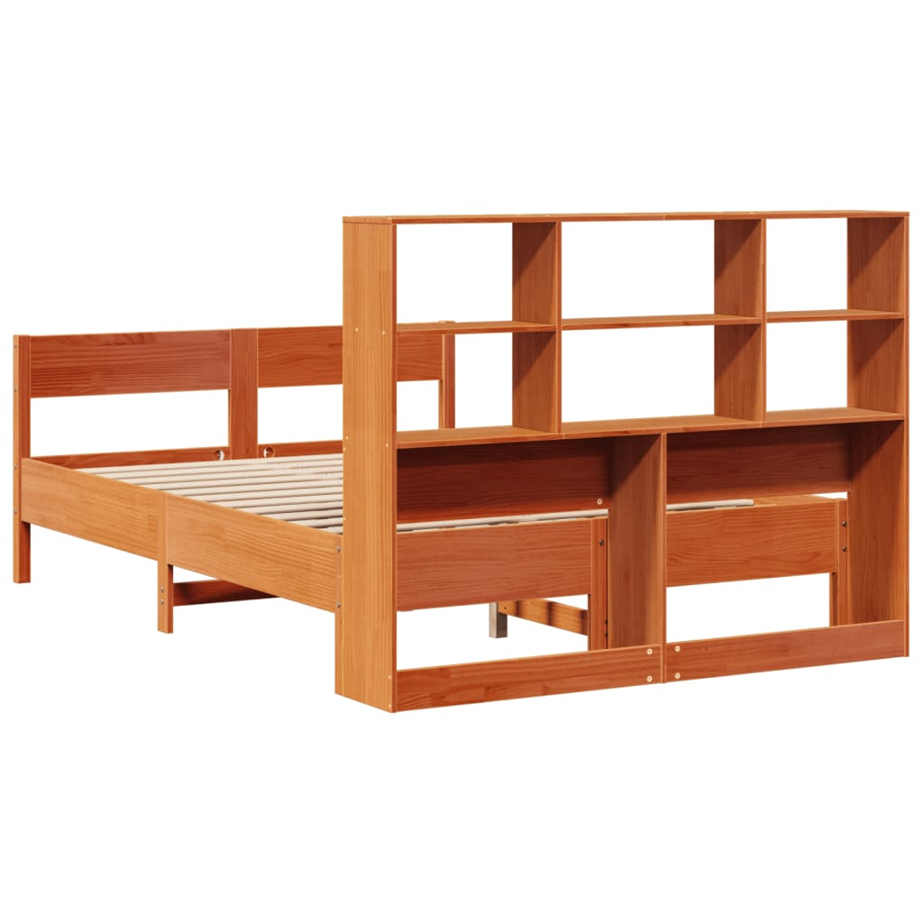 Seng med bokhylle uten madrass voksbrun 140x200 cm heltre furu