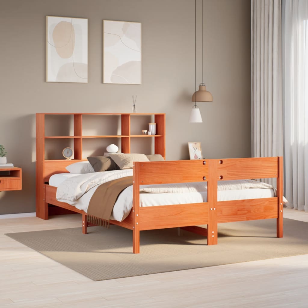Seng med bokhylle uten madrass voksbrun 140x200 cm heltre furu