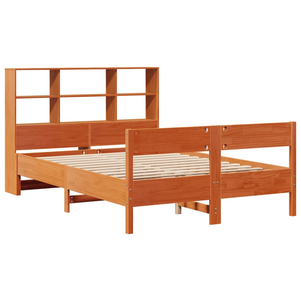 Seng med bokhylle uten madrass voksbrun 140x190 cm heltre furu