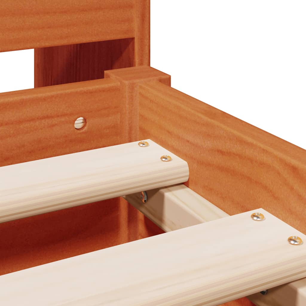 Seng med bokhylle uten madrass voksbrun 200x200 cm heltre furu