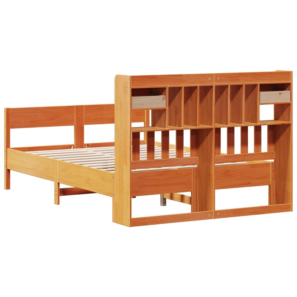 Seng med bokhylle uten madrass voksbrun 140x200 cm heltre furu