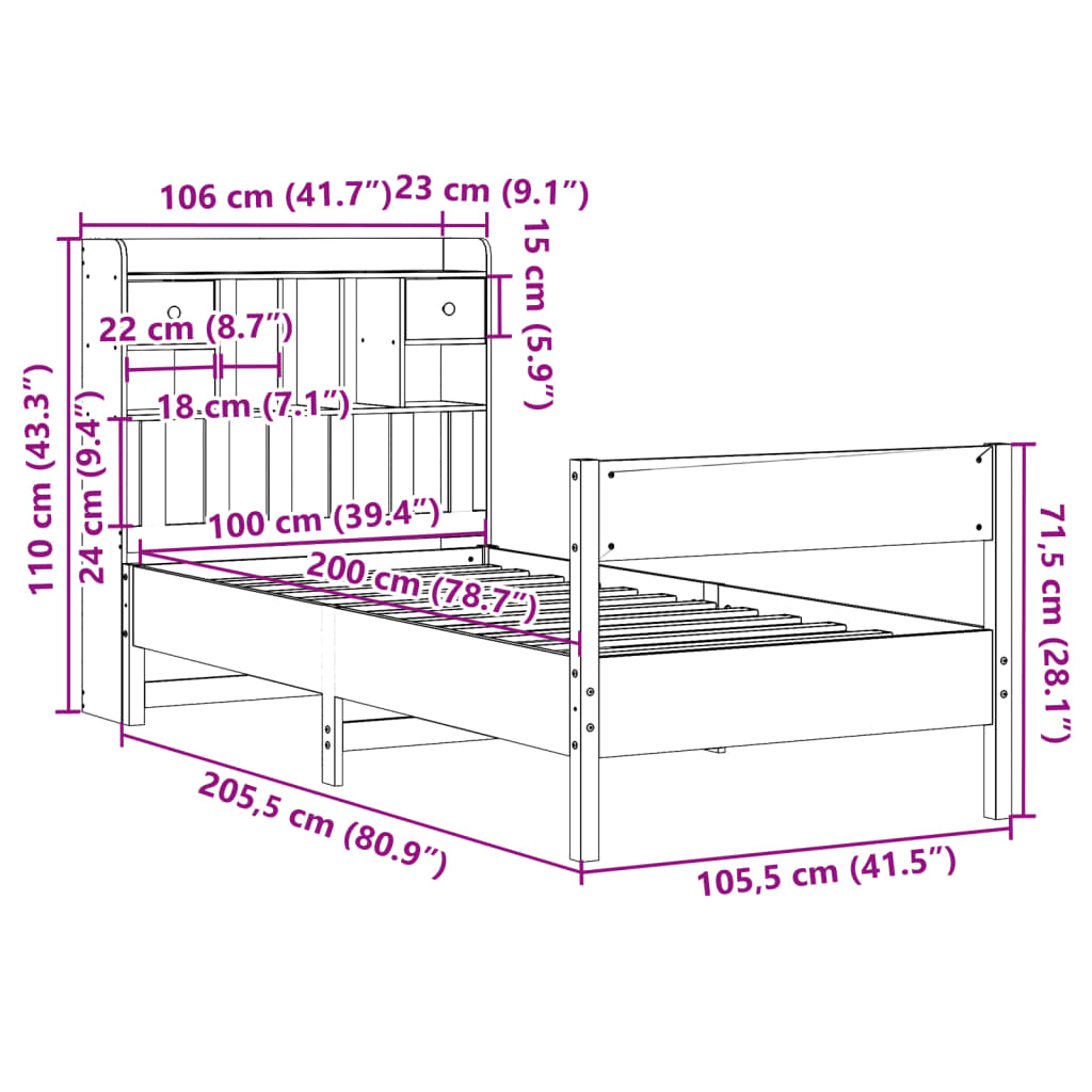 Seng med bokhylle uten madrass voksbrun 100x200 cm heltre furu