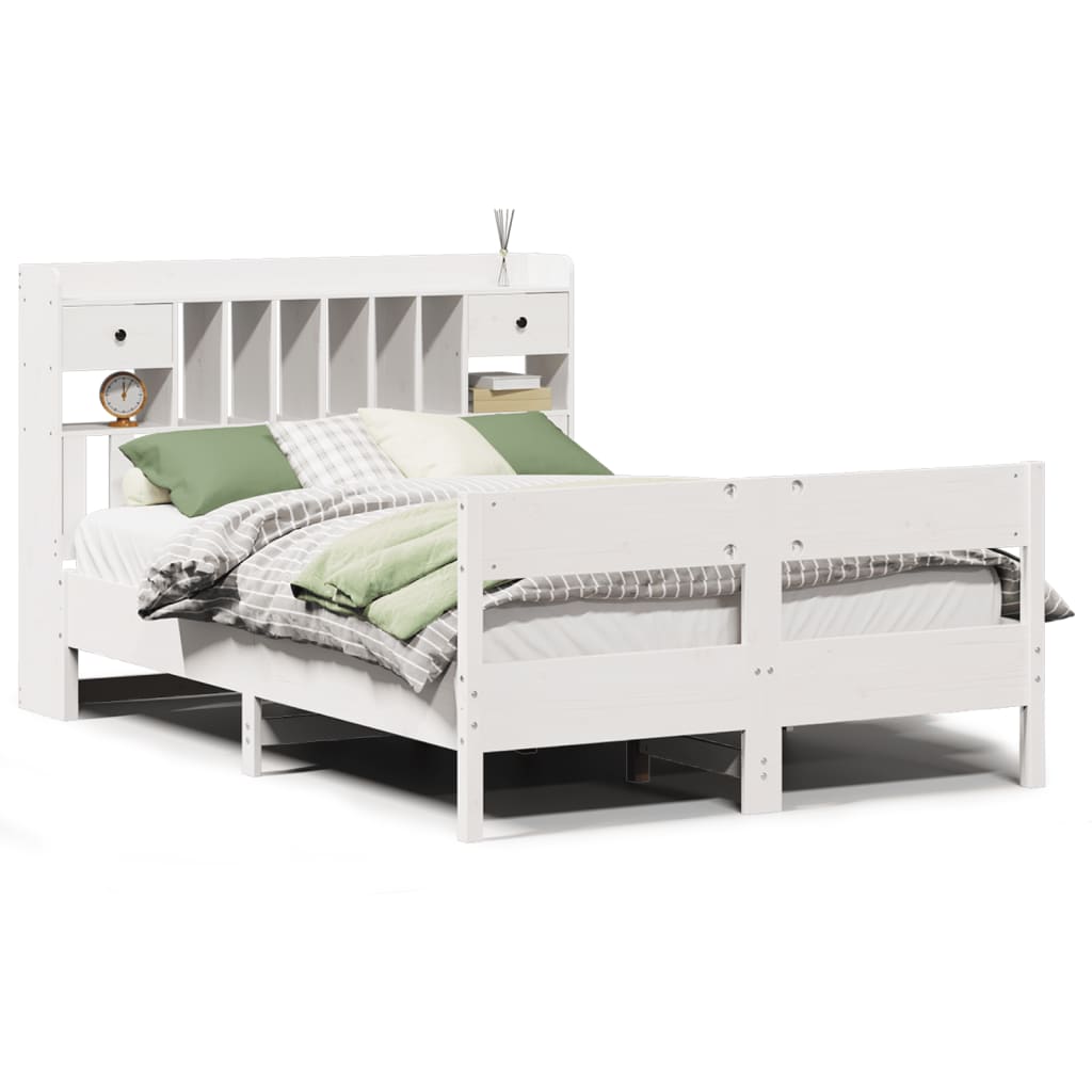 Seng med bokhylle uten madrass hvit 135x190 cm heltre furu