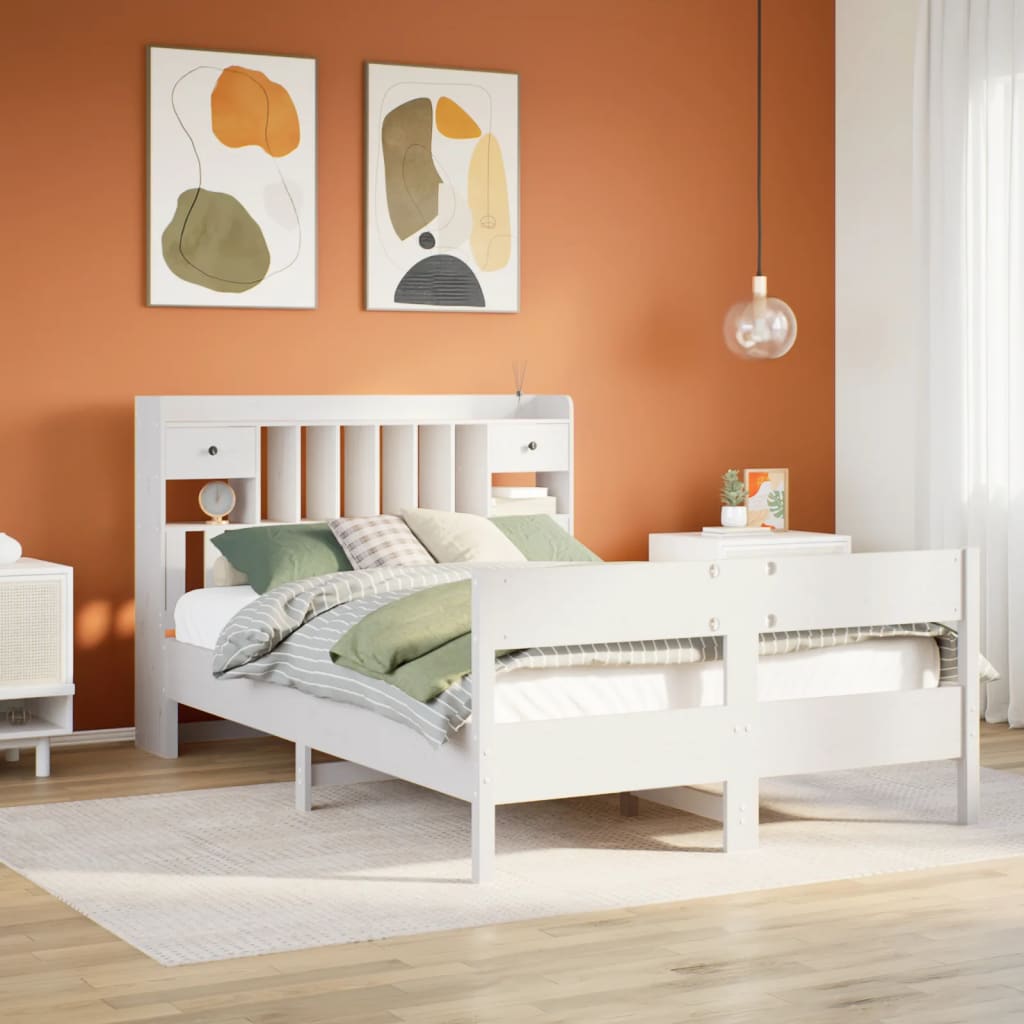 Seng med bokhylle uten madrass hvit 135x190 cm heltre furu