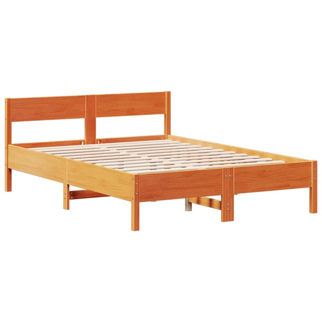 Seng med bokhylle uten madrass voksbrun 135x190 cm heltre furu