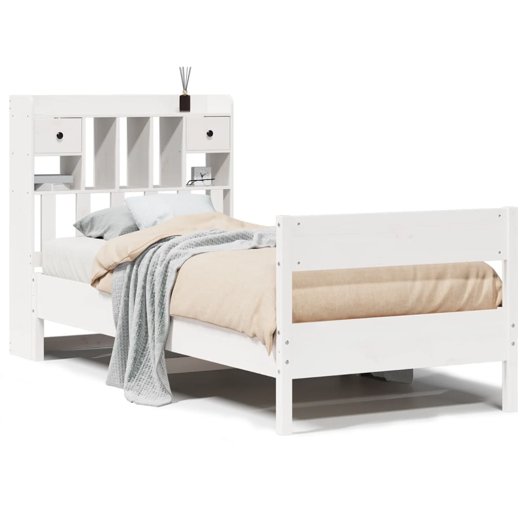 Seng med bokhylle uten madrass hvit 90x190 cm heltre furu