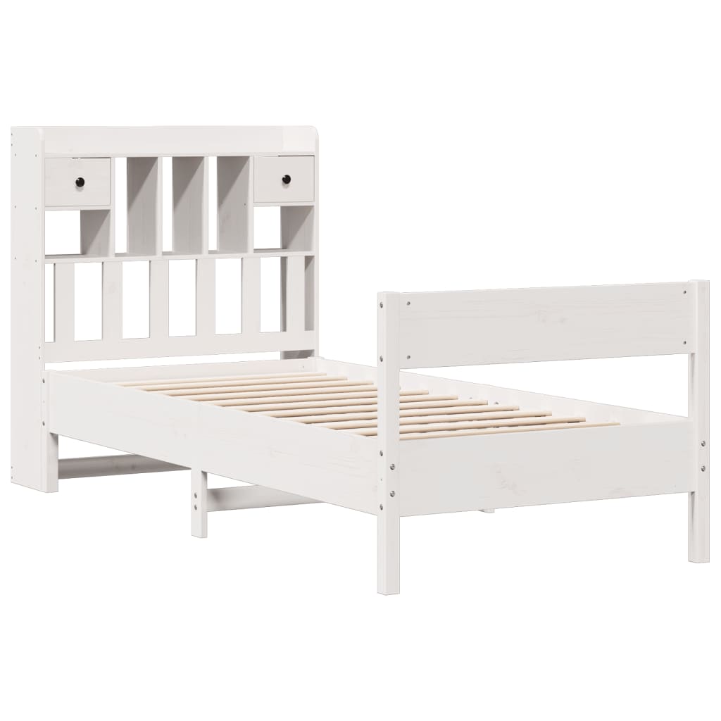 Seng med bokhylle uten madrass hvit 90x190 cm heltre furu