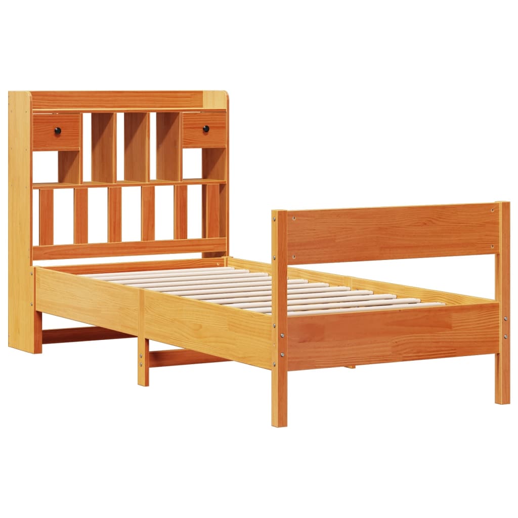 Seng med bokhylle uten madrass voksbrun 75x190 cm heltre furu
