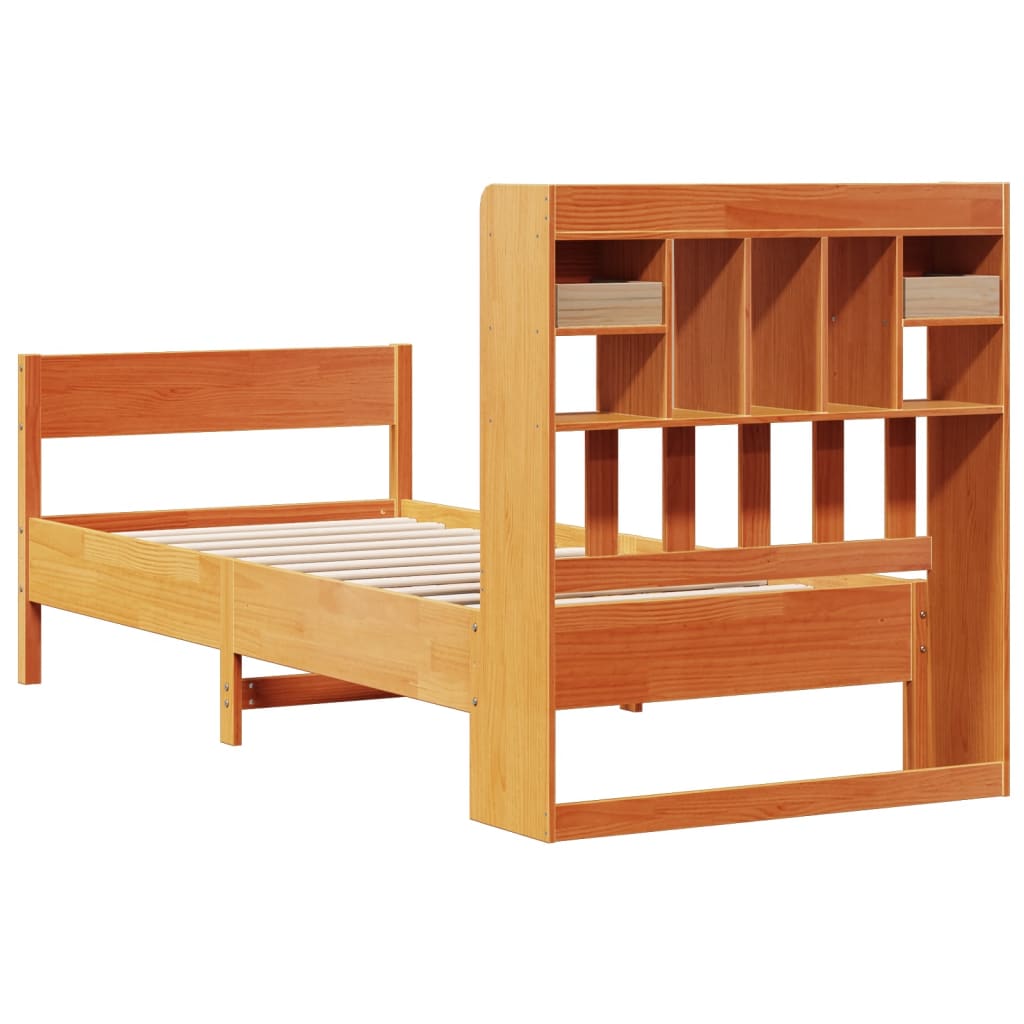 Seng med bokhylle uten madrass voksbrun 75x190 cm heltre furu