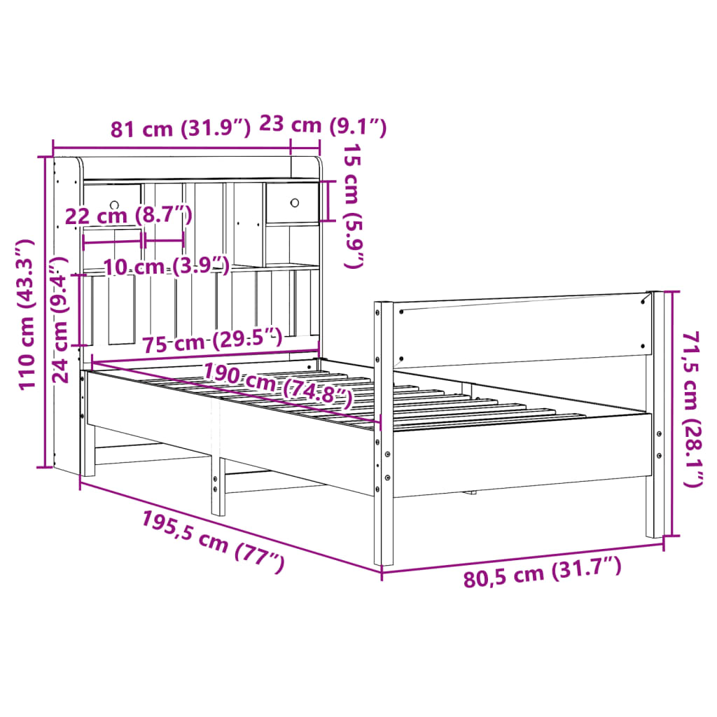 Seng med bokhylle uten madrass voksbrun 75x190 cm heltre furu