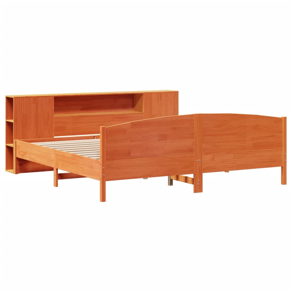 Seng med bokhylle uten madrass voksbrun 200x200 cm heltre furu