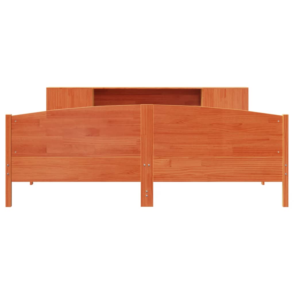 Seng med bokhylle uten madrass voksbrun 200x200 cm heltre furu