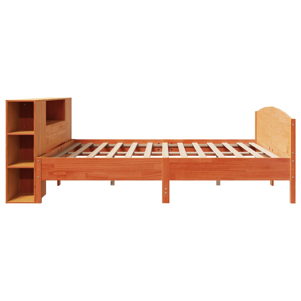 Seng med bokhylle uten madrass voksbrun 200x200 cm heltre furu