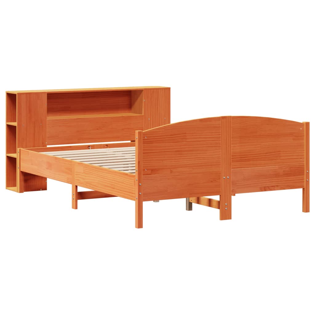 Seng med bokhylle uten madrass voksbrun 150x200 cm heltre furu