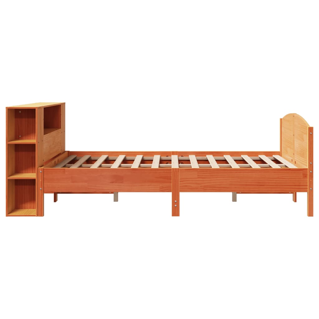 Seng med bokhylle uten madrass voksbrun 150x200 cm heltre furu