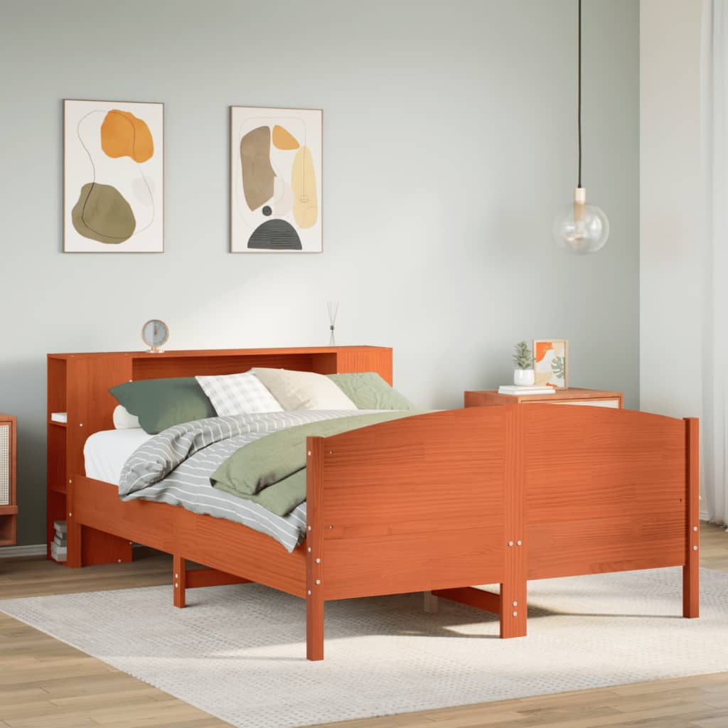 Seng med bokhylle uten madrass voksbrun 150x200 cm heltre furu