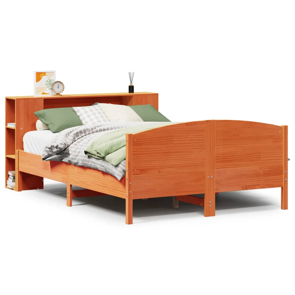 Seng med bokhylle uten madrass voksbrun 140x200 cm heltre furu