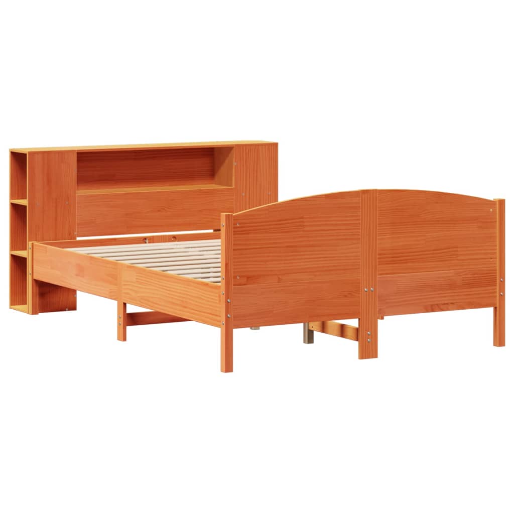 Seng med bokhylle uten madrass voksbrun 140x200 cm heltre furu