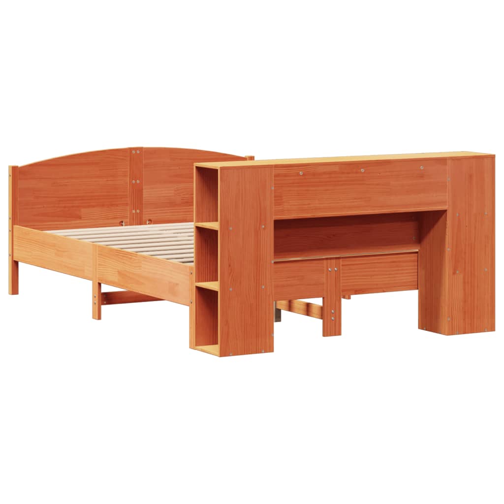 Seng med bokhylle uten madrass voksbrun 140x200 cm heltre furu