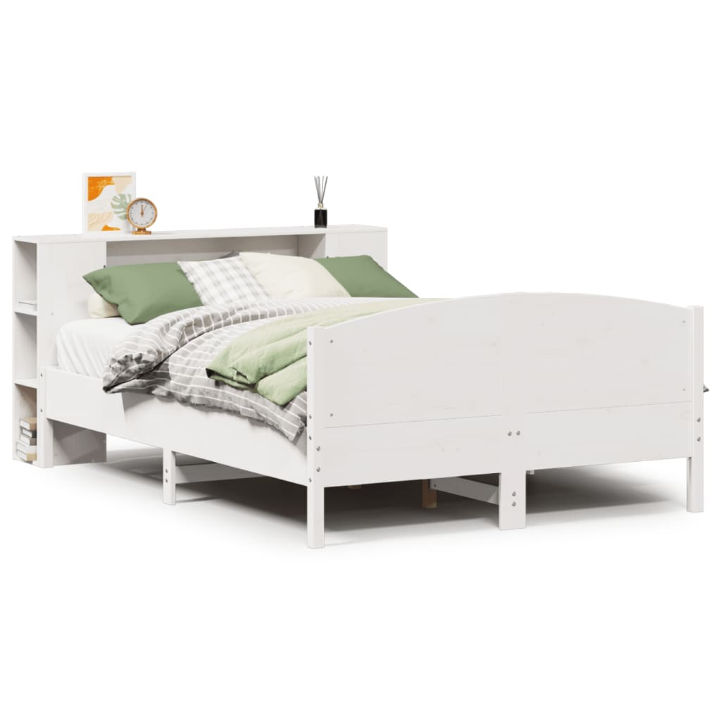 Seng med bokhylle uten madrass hvit 135x190 cm heltre furu